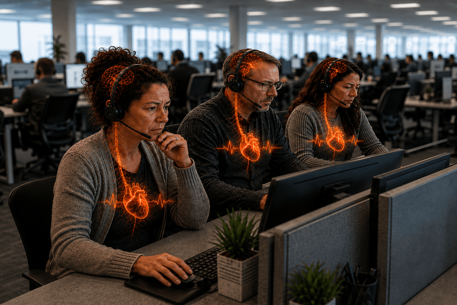 Busy call center team under stress