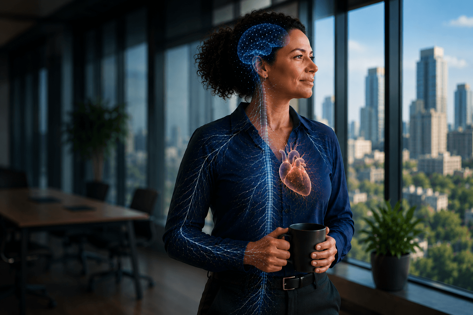 Woman with coffee, calm and regulated