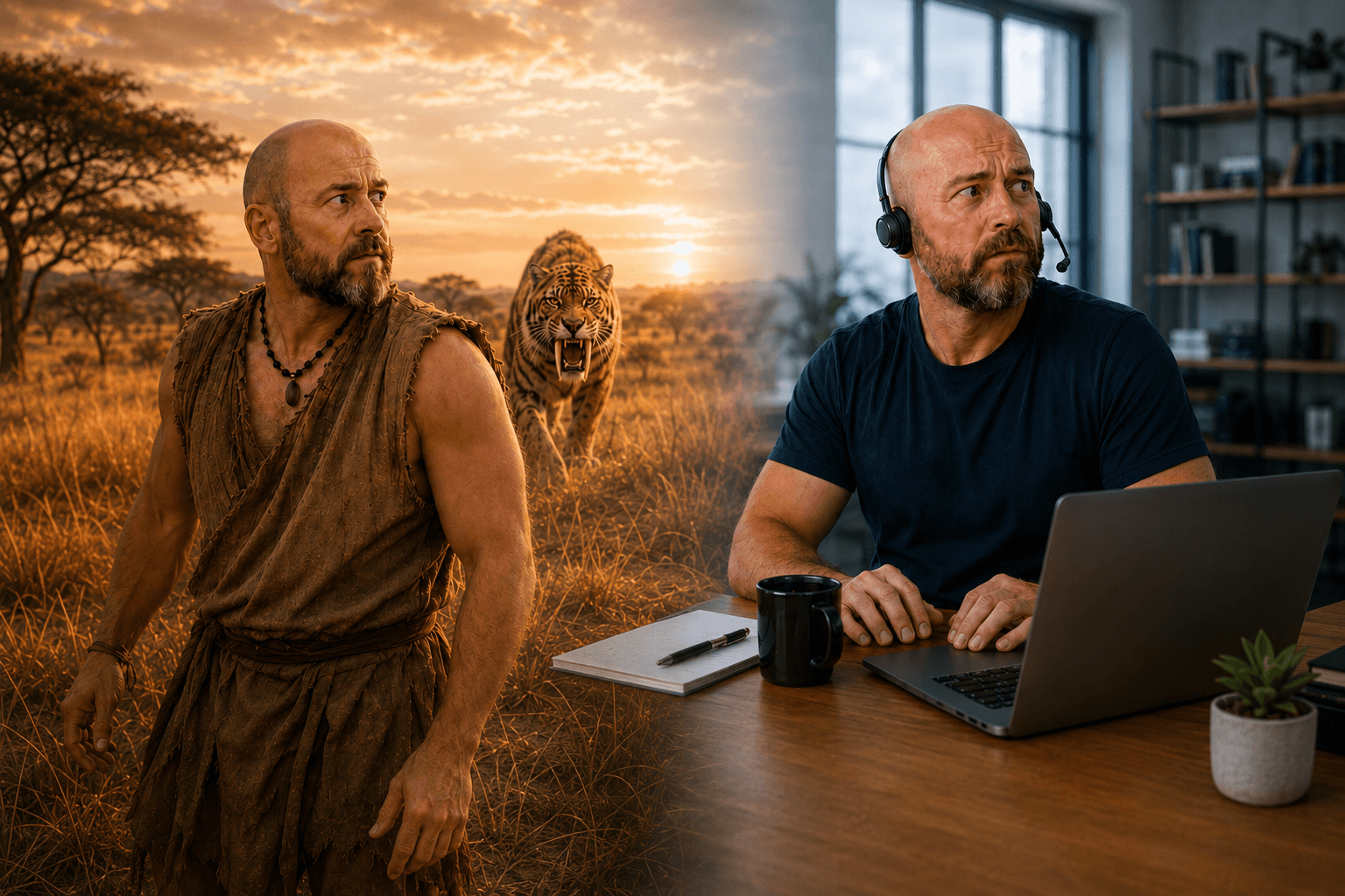 Ancient tiger and modern workplace comparison